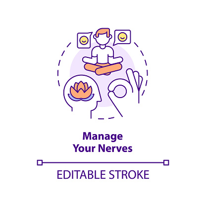 Manage your nerves concept icon. Overcome anxiety and worry. Step to charisma abstract idea thin line illustration. Isolated outline drawing. Editable stroke. Arial, Myriad Pro-Bold fonts used