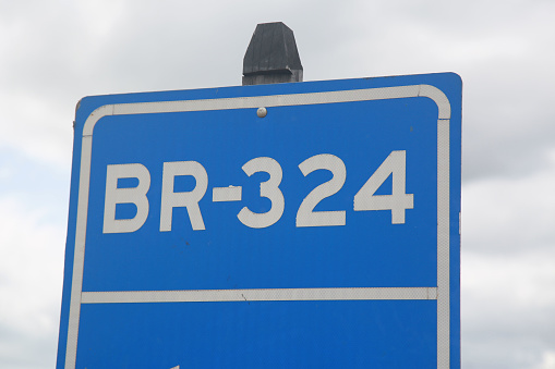salvador, bahia, brazil - april 11, 2022: traffic sign indicates highway BR 324 in the city of Salvador.
