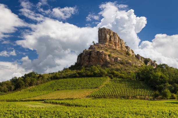 Rock of Solutre with vineyards, Burgundy, Solutre-Pouilly, France stock photo