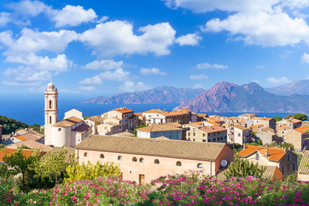 Landscape with Cargese village, Corsica Landscape with Cargese village, Corsica island, France haute corse photos stock pictures, royalty-free photos & images
