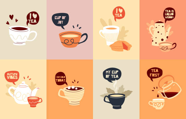 Tea Cards Or Posters Set Tea cards or posters set. Tea cups, pots leaves, and sweets. Speech bubbles with quotes. Vector retro or cartoon style illustrations. tea set stock illustrations