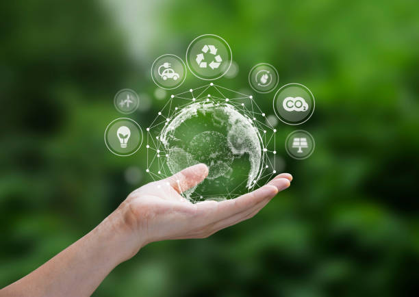 istock Hand of man holding with environment Icons. 1391066344