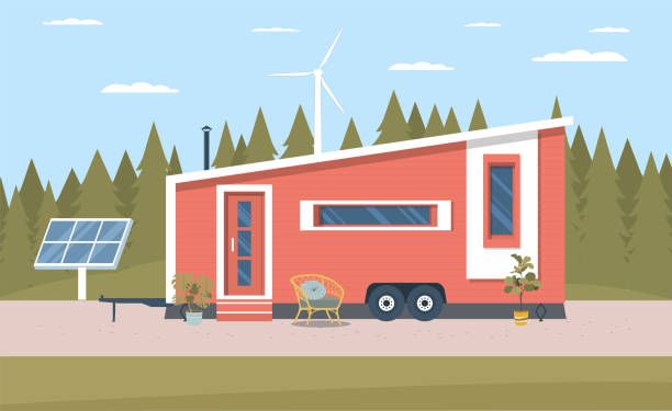 Tiny house with solar panel and wind turbine isolated. Vector illustration. Tiny house with solar panel and wind turbine isolated. Vector illustration. tiny house stock illustrations