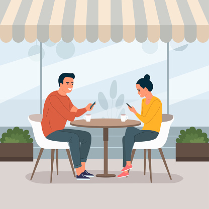 Young  man and woman sitting on the chairs  with smartphones in the cafe.  Vector flat illustration