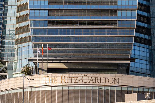 Hong Kong - April 9, 2022 : The Ritz-Carlton, Hong Kong. It is located on the top floors of the International Commerce Centre, West Kowloon, Hong Kong.
