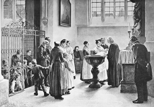 Baptism in the church Illustration from 19th century. baptismal font stock illustrations