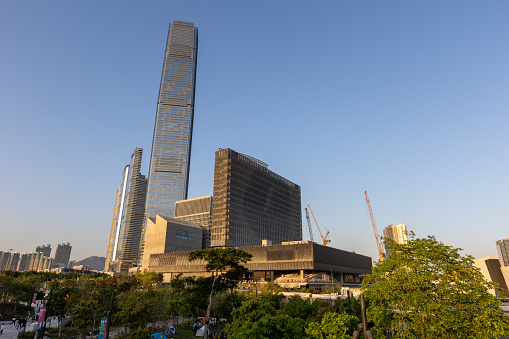 Hong Kong - April 9, 2022 : General view of the M+ Museum at West Kowloon Cultural District, Hong Kong. M+ is the new museum of visual culture in Hong Kong, as part of West Kowloon Cultural District, focusing on 20th and 21st century art, design and architecture and moving image.