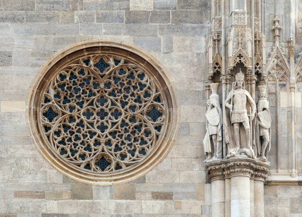 Round gothic window on the facade of the St. Stephen's cathedral, Vienna stock photo