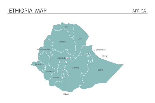 白い背景にエチオピアの地図ベクトルイラスト。地図は、すべての州を持っており、エチオピアの首都をマークします。 - silhouette ethiopia map cartography点のイラスト素材／クリップアート素材／マンガ素材／アイコン素材