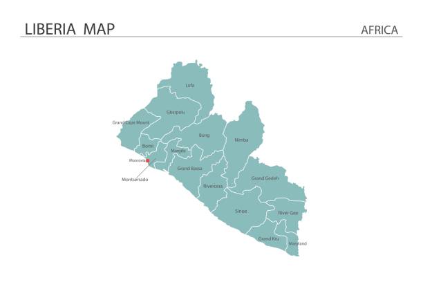 ilustrações, clipart, desenhos animados e ícones de ilustração vetorial do mapa da libéria em fundo branco. o mapa tem toda a província e marca a capital da libéria. - liberia