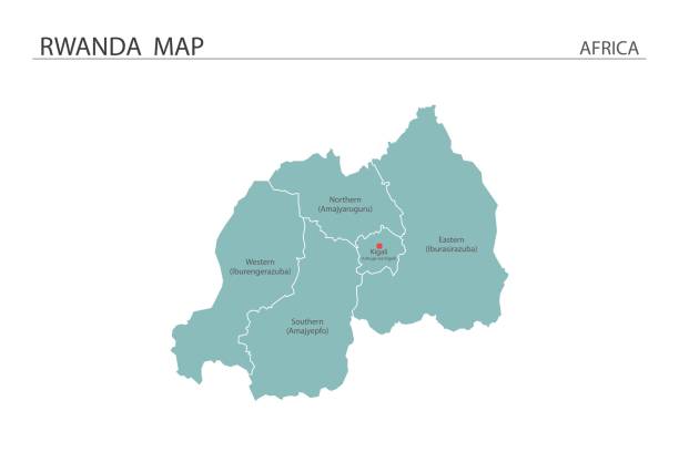 illustrazioni stock, clip art, cartoni animati e icone di tendenza di illustrazione vettoriale della mappa del ruanda su sfondo bianco. mappa hanno tutte le province e segnare la capitale del ruanda. - ruanda
