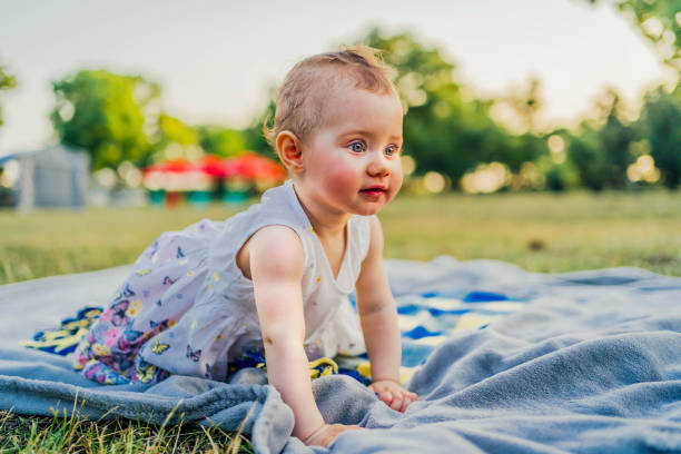istock Baby girl on blanket at park 1391081155