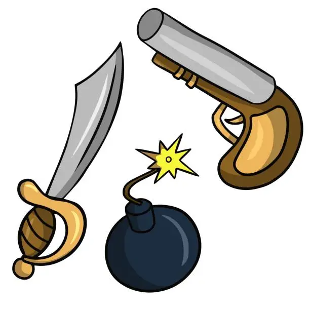 Vector illustration of Vector illustration. A set of attributes of weapons for pirates in cartoon style
