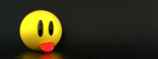 emoticon showing tongue over black background, 3d render, panoramic layout