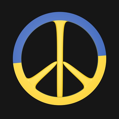 Peace sign in the colors of the Ukrainian flag. Blue and yellow. 3D render