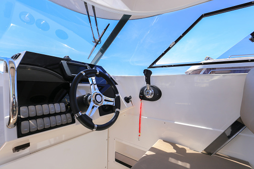 A compass, a view from above the steering wheel on a yacht.