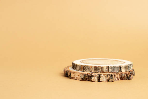 istock Two wooden discs stacked as a podium on beige background for product presentation. Copy space 1391086821