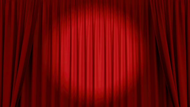 赤いカーテンステージの背景 スポットライト付き劇場シーンプレゼンテーション 3dイラスト - パフォーマンス 演じる ストックフォトと画像