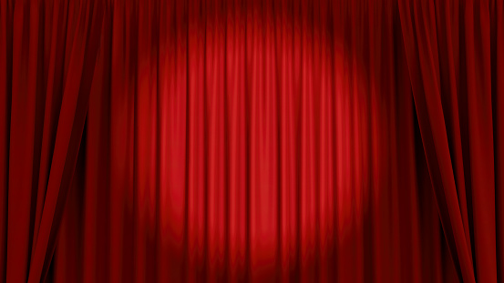 red velvet curtain theater stage scene spot light presentation auditorium 3D illustration