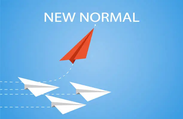 Vector illustration of Red paper plane out of line with white paper to change disrupt and finding new normal. Business creativity new idea to discovery innovation technology.