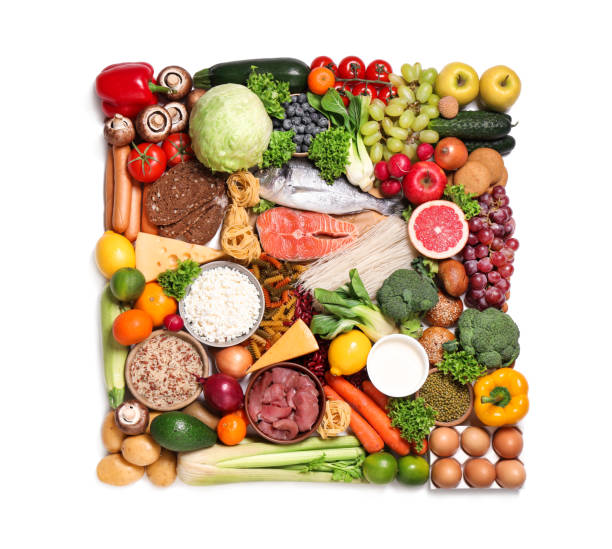 istock Different products on white background, top view. Healthy food and balanced diet 1391090664
