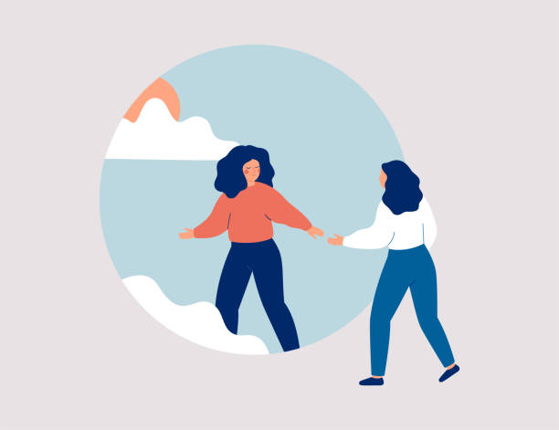Woman aids person gets rid of depression, anxiety and stress. Friend or caregiver supports female and helps start the new life. Woman aids person gets rid of depression, anxiety and stress. Friend or caregiver supports female and helps start the new life. Psychological concept of life improvement. Vector illustration assistance stock illustrations