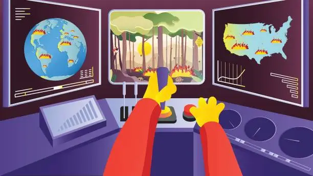 Vector illustration of Control panels and view computer system. fire analysis on control center. hands controlling firefighter systems