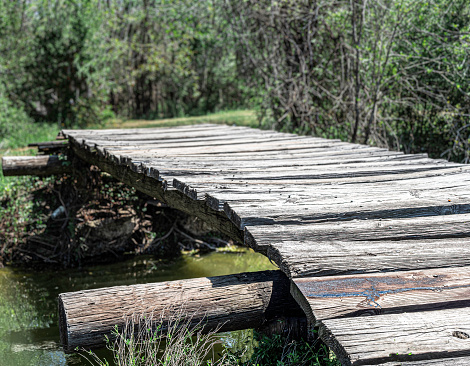 Handmade walking bridge leading to a path