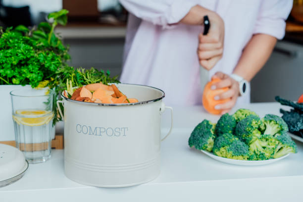 istock Compost the kitchen waste, recycling at home. Compost bin with vegetables cutted leftovers on the kitchen table with blurred woman cooking meal. Environmentally responsible, ecology. Selective focus. 1391094716