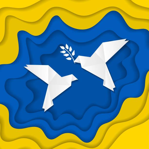 Paper cut Ukraine peace doves Yellow and blue Ukraine national color cut paper background with white origami two doves silhouette and olive branch. Peace in Ukraine wallpaper ukraine war stock illustrations