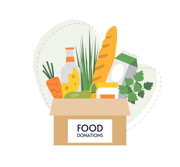 Box with different food. Donation food for needy and poor people. Food delivery. Support and charity concept. Volunteer social assistance. Flat vector illustration isolated background. Box with different food. Donation food for needy and poor people. Food delivery. Support and charity concept. Volunteer social assistance. Flat vector illustration isolated background. food bank vector stock illustrations