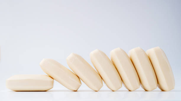 Close-up of toilet soap. Vertical stack. Without perfumes. Without dyes. Hypoallergenic