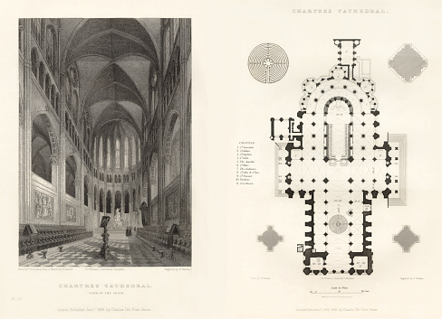 Antique French Engraving: Chartres Cathedral, Rouen, France, 1837. Source: Original edition from my own archives. Copyright has expired on this artwork. Digitally restored.