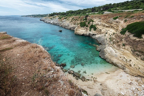 The small bay near Porto is an insider tip for all beach vacationers in southern Italy. Wonderfully embedded in the landscape with turquoise colored Mediterranean Sea. A dream! Nearby is located the city Santa Cesarea Terme.