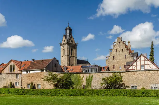 View of city wall, church and medieval houses in the old town of Korbach in the northern part of Hesse