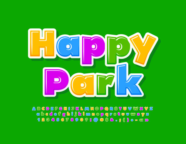 wektorowy kolorowy baner happy park. zestaw cute alphabet letters, numbers and symbols - happy holidays stock illustrations