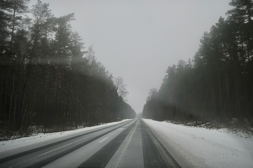 Travel in Highway in Winter. Latvia, 2022.