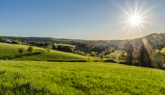Panoramic view over meadows and the Aartal in Taunusstein-Seitzenhahn in summer