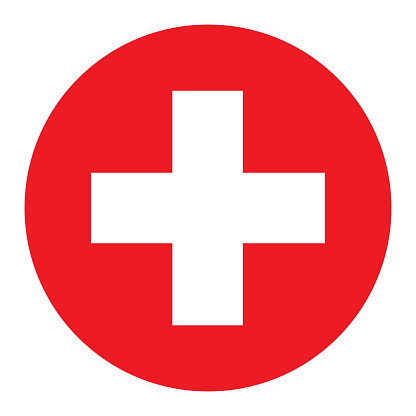 Vector illustration of a white medical cross on a red circle background.