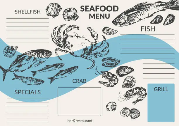 Vector illustration of Hand drawn ink seafood, fish sketch menu background