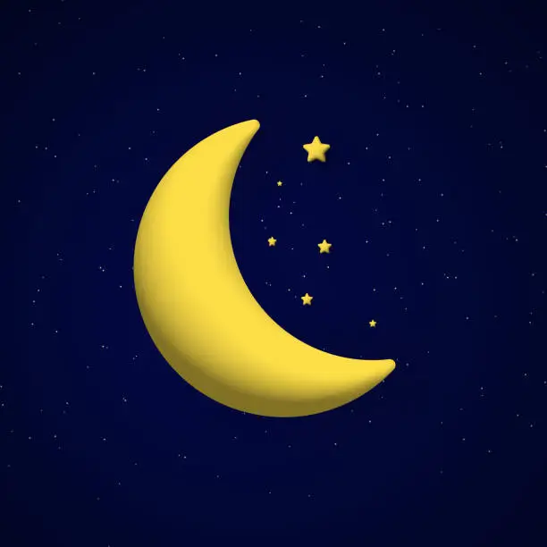 Vector illustration of Cute night sky background with 3d moon and stars. Square composition.