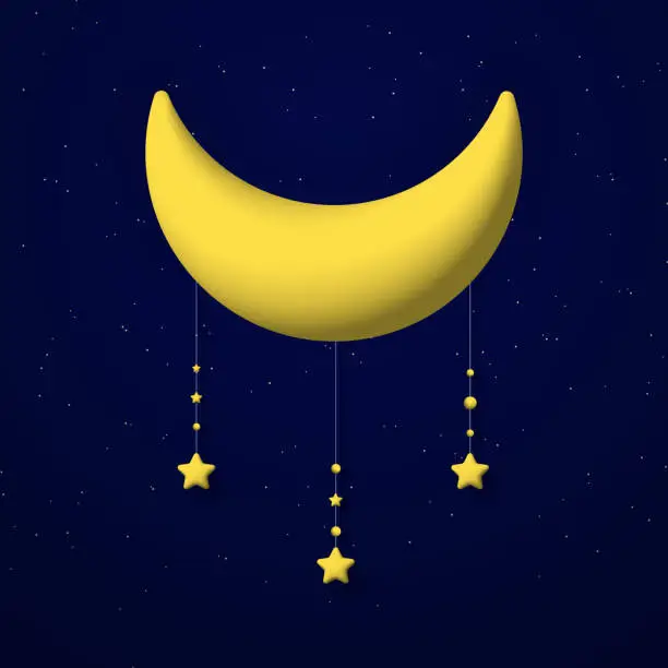 Vector illustration of Cute 3d crescent moon and stars on night sky background. Square composition.