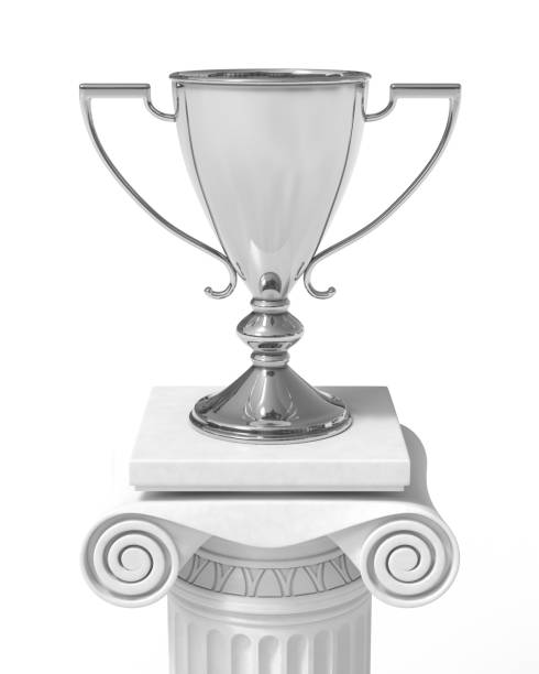 istock Silver trophy cup on an antique column in greek style 3D illustration 1391111870