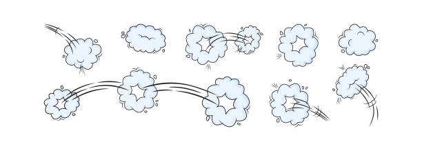 illustrazioni stock, clip art, cartoni animati e icone di tendenza di velocità vettoriale nuvole blu. catroon motion puff effetto esplosione bolle, salti con fumo o polvere. illustrazione divertente - catroon