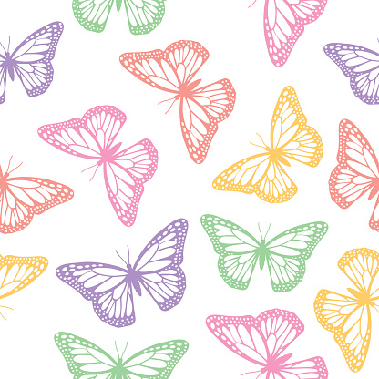 Vector seamless pattern of colorful pastel butterflies on a square white background.