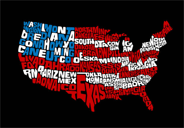 ilustraciones, imágenes clip art, dibujos animados e iconos de stock de mapa de ee.uu. con nombres de estados en la forma de cada estado que forma el diseño de la bandera estadounidense - mapa de los estados unidos y la bandera estadounidense