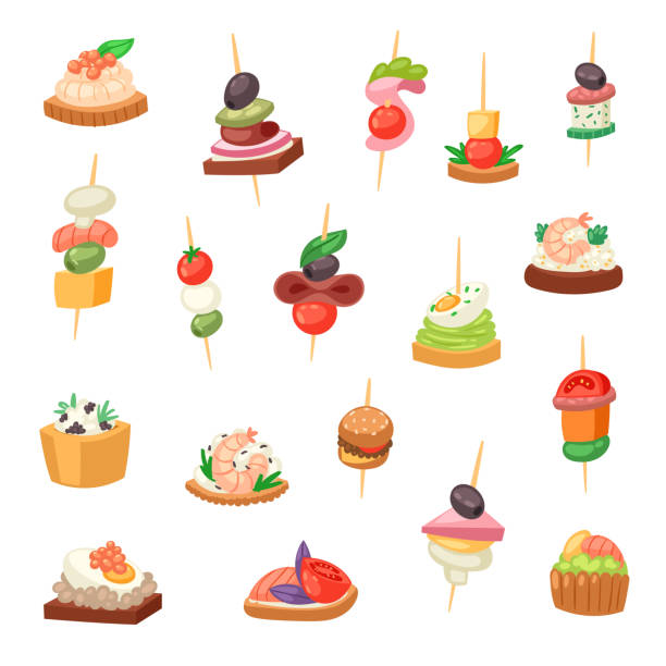 Appetizer vector appetizing food and snack meal starter canape appetiser sandwich illustration set of aperitif with cheese and bread for lunch isolated on white background Appetizer vector appetizing food and snack meal starter canape appetiser sandwich illustration set of aperitif with cheese and bread for lunch isolated on white background. restaurant food canapes appetizers stock illustrations