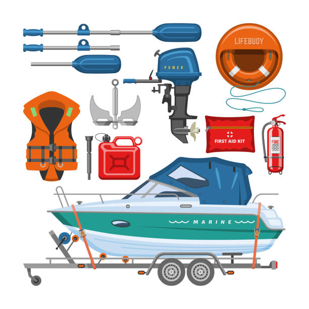 ilustrações, clipart, desenhos animados e ícones de equipamento de barco vetor iate lancha com colete salva-vidas salva-vidas salva-vidas remar ilustração conjunto marítimo de veleiro náutico iate ou transporte de lancha isolado em fundo branco - life jacket safety isolated sea