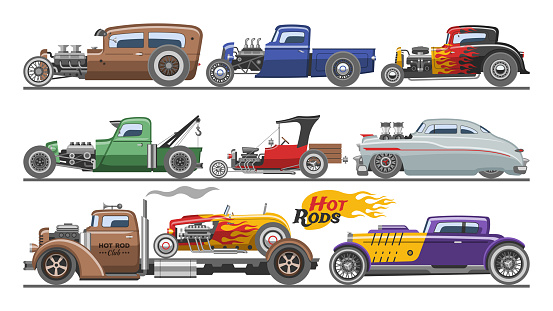 Hot rods car vector vintage classic vehicle and retro auto transport roadster illustration set of hot-rods automobile with fire isolated on white background.