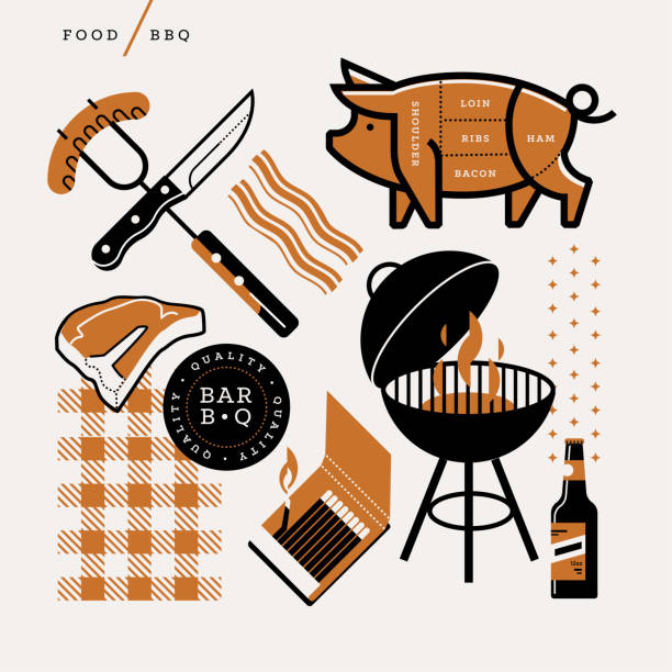 Illustration of BBQ icons Creative abstract vector art illustration of food BBQ. Geometric shapes modern concept. Pork picnic grill steak ham loin meat matches knife fork sausage light flame beer bacon cook line art ribs icon pork loin stock illustrations